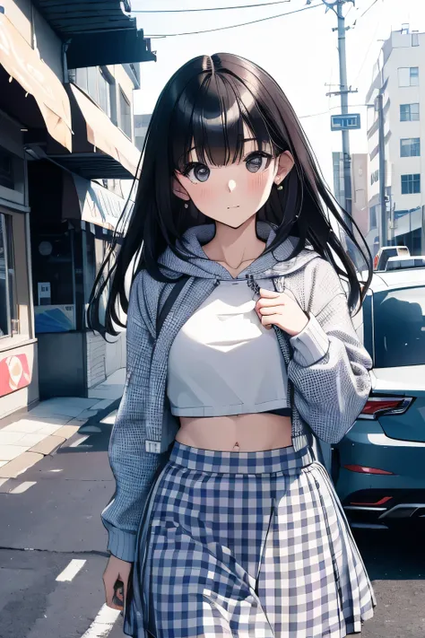 (child)，（​masterpiece，Highest Quality），Crop Top Look，Pastel Hoodie，(gingham checked skirt)，A dark-haired，World of toys, lifting the skirt, revealing her private area, shopping, buy something, face look really fresh, walking to her house, walk on the street...