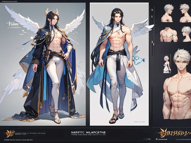 ((Masterpiece, Highest quality)), Male, boy, Detailed face, character design sheet， full bodyesbian, Full of details, frontal body view, back body view, Highly detailed, Depth, Many parts, angel wings, angel outfit, Muscle boy with black long hair，handsome...