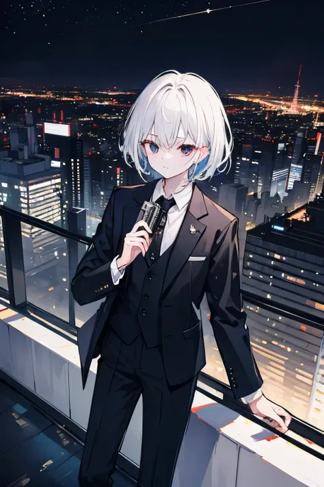 ((highest quality)), ((masterpiece)), (detailed), Perfect Face、 standing on the roof of a building、With a slightly tired look、Tokyo night view、 Wearing a black suit、With a gun in one hand、White hair、straight、short