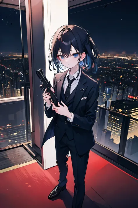 ((highest quality)), ((masterpiece)), (detailed), Perfect Face、 standing on the roof of a building、With a slightly tired look、Tokyo night view、 Wearing a black suit、With a gun in one hand、of black hair、straight、short