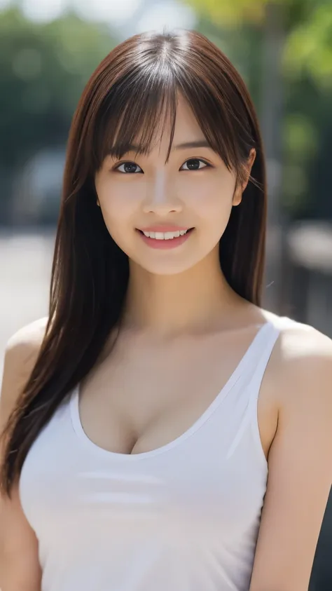 1 girl, (white tank top、the clothes are see-through、protruding nipples:1.1、cleavage), beautiful japanese actresses, (raw photos,...