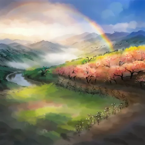 ink painting, qi baishi, northern china fields, spring, golden hour, (a rainbow in the sky: 1.3), rainbow, rainbow, rainbow, rai...