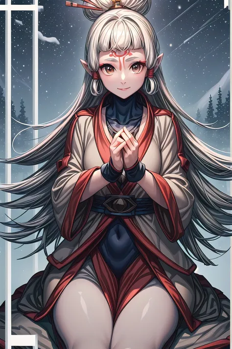 (masterpiece, best quality:1.2), solo, 1girl, Paya, expressionless, looking at viewer, ahoge, bodysuit, outer space, (happy,smile,(centered,scale to fit dimensions,Rule of thirds), ((snowy pine forest at night)), with dark stormy clouds,winter,scenery:1.25...