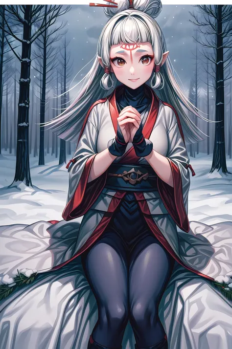 (masterpiece, best quality:1.2), solo, 1girl, Paya, kimono, looking at viewer, (happy,smile,(centered,scale to fit dimensions,Rule of thirds), ((snowy pine forest at night)), with dark stormy clouds,winter,scenery:1.25,((snow forest background)),Christmas ...