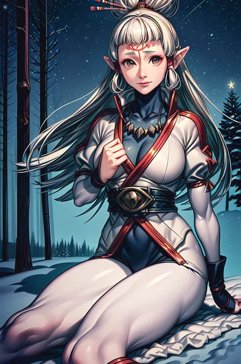 (masterpiece, best quality:1.2), solo, 1girl, Paya, expressionless, looking at viewer, ahoge, bodysuit, outer space, (dynamic pose:1.0),happy,smile,(centered,scale to fit dimensions,Rule of thirds), ((snowy pine forest at night)), with dark stormy clouds,w...