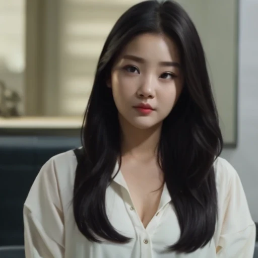 arafed woman with long black hair and a white shirt, she has a distant expression, iu lee ji-eun as a super villain, but a stern look about her, she has a cute expressive face, young wan angel, girl next door innocent look, high drama, sideways glance, kwa...