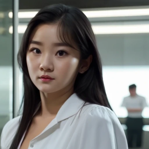 arafed woman with long black hair and a white shirt, she has a distant expression, iu lee ji-eun as a super villain, but a stern look about her, she has a cute expressive face, young wan angel, girl next door innocent look, high drama, sideways glance, kwa...