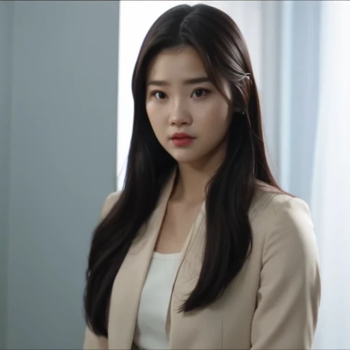 arafed woman with long black hair and a white shirt, she has a distant expression, iu lee ji-eun as a super villain, but a stern look about her, she has a cute expressive face, young wan angel, girl next door innocent look, high drama, sideways glance, kwa...