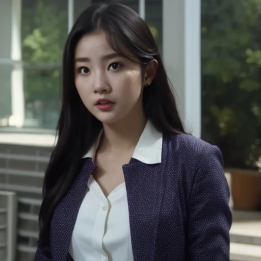 arafed woman with long black hair and a white shirt, she has a distant expression, iu lee ji-eun as a super villain, but a stern look about her, she has a cute expressive face, young wan angel, girl next door innocent look, high drama, sideways glance, kwa...