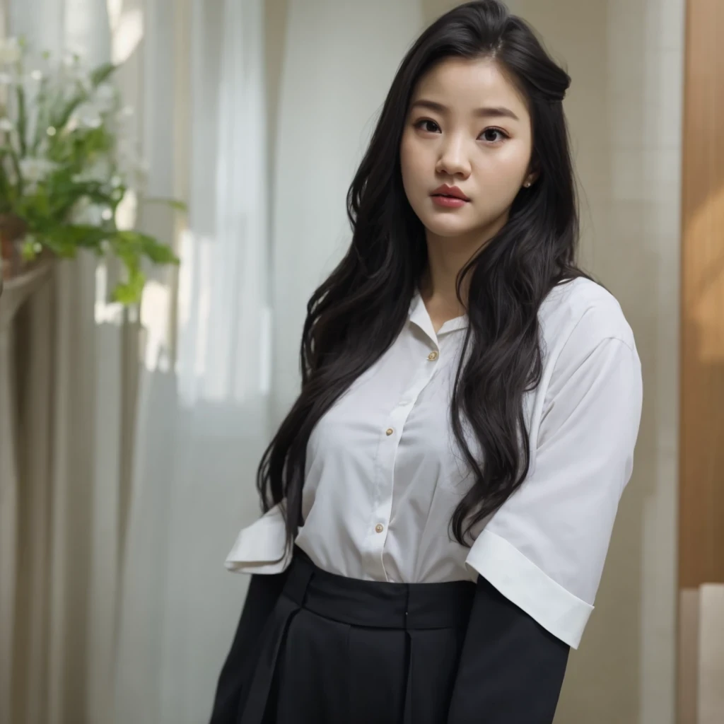 arafed woman with long black hair and a white shirt, she has a distant expression, iu lee ji-eun as a super villain, but a stern look about her, she has a cute expressive face, young wan angel, girl next door innocent look, high drama, sideways glance, kwa...