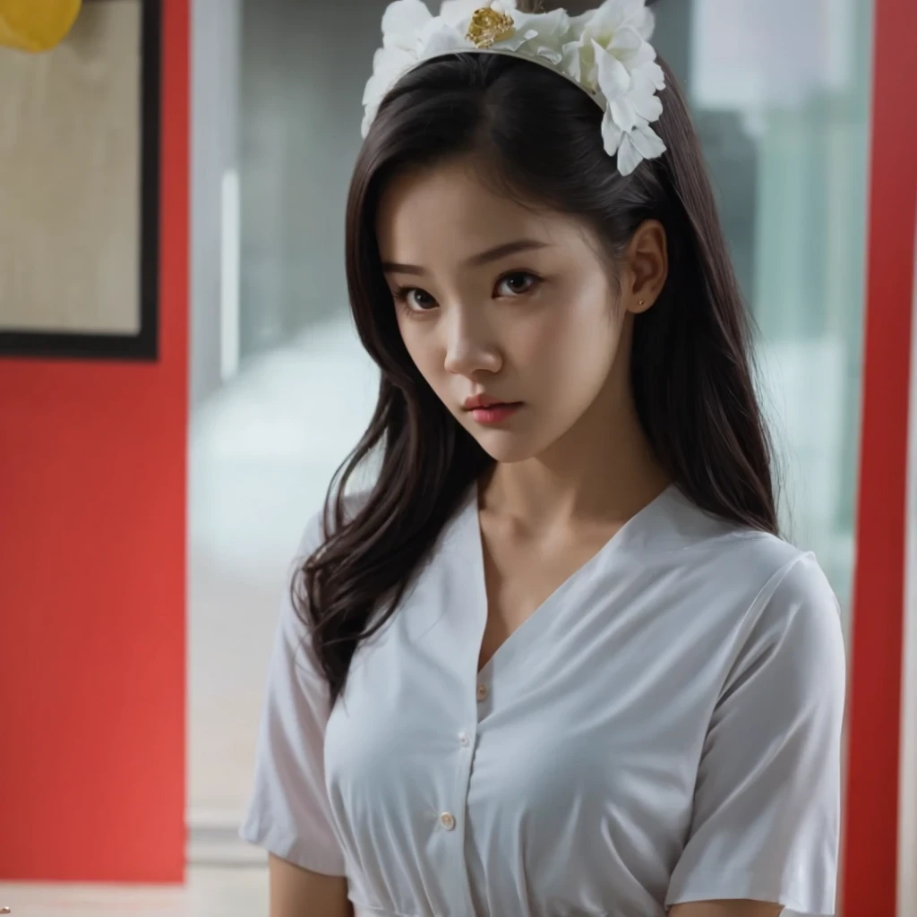 arafed woman with long black hair and a white shirt, she has a distant expression, iu lee ji-eun as a super villain, but a stern look about her, she has a cute expressive face, young wan angel, girl next door innocent look, high drama, sideways glance, kwa...