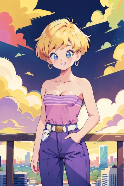 (Best Quality, Masterpiece:1.4), (Absurdres:1.2), 1 girl, Solo, erasa, blonde hair, blue eyes, earrings, pink shirt, strapless, cleavage, white belt, purple pants, small breasts, sky, clouds, cityscape, smile, looking at viewer, cowboy shot, railing
