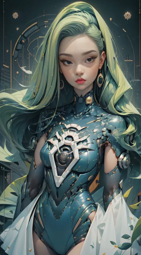 (best quality,32K,HD,4x ultra-sharp,high-res,professional),cinematic,fisheye photo,1 beautiful girl in technical clothing,mechanical spider,circles,fractals,(black contour art) by Yoshitaka Amano,Travis Charest. colores, tierra, cian, amarillo, verde.