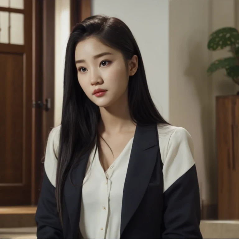 arafed woman with long black hair and a white shirt, she has a distant expression, iu lee ji-eun as a super villain, but a stern look about her, she has a cute expressive face, young wan angel, girl next door innocent look, high drama, sideways glance, kwa...