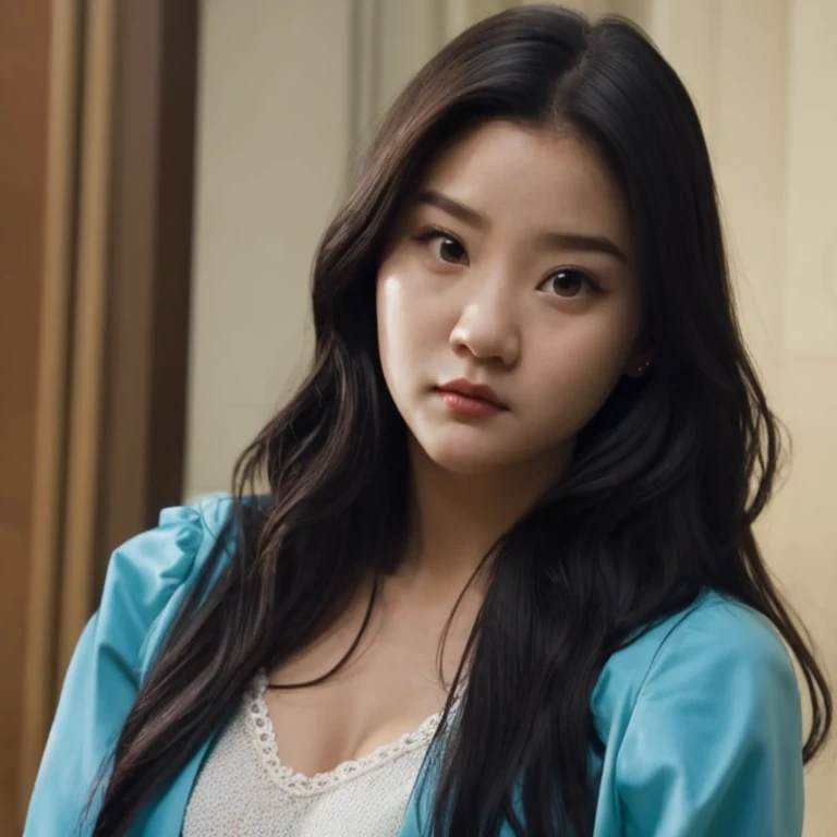 arafed woman with long black hair and a white shirt, she has a distant expression, iu lee ji-eun as a super villain, but a stern look about her, she has a cute expressive face, young wan angel, girl next door innocent look, high drama, sideways glance, kwa...