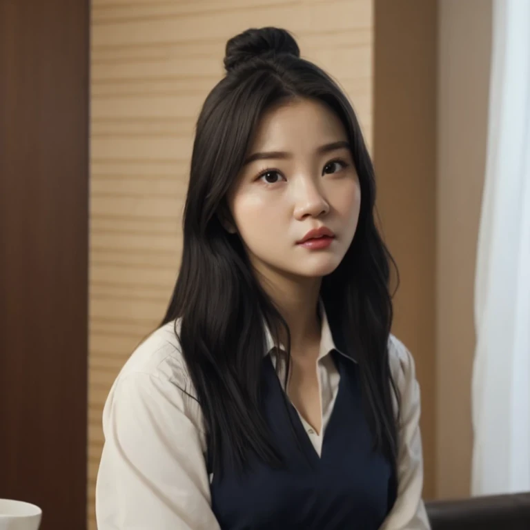 arafed woman with long black hair and a white shirt, she has a distant expression, iu lee ji-eun as a super villain, but a stern look about her, she has a cute expressive face, young wan angel, girl next door innocent look, high drama, sideways glance, kwa...