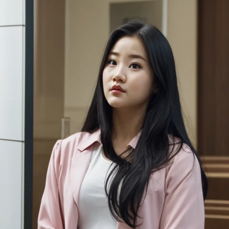 arafed woman with long black hair and a white shirt, she has a distant expression, iu lee ji-eun as a super villain, but a stern look about her, she has a cute expressive face, young wan angel, girl next door innocent look, high drama, sideways glance, kwa...