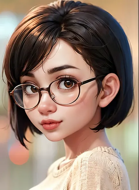 best quality, cartoon_portrait, 1girl, solo, looking at viewer, short hair, simple background, brown hair, bob cut, brown eyes, closed mouth, glasses, sweater, lips, swept bangs, brown background, red lips,