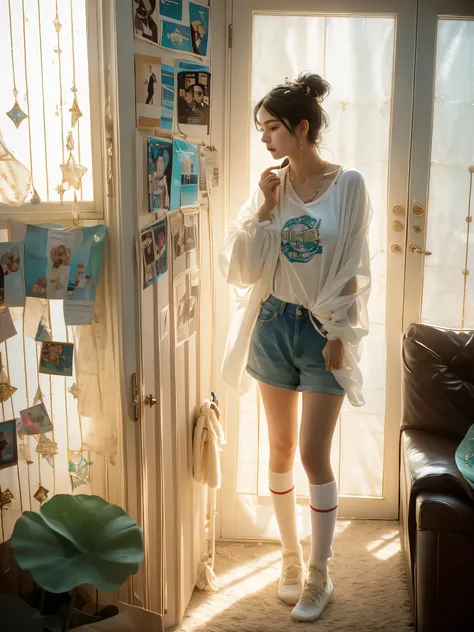 a teenage girl of middle-eastern descent in casual attire, specifically a pair of short socks, is standing in her room surrounde...