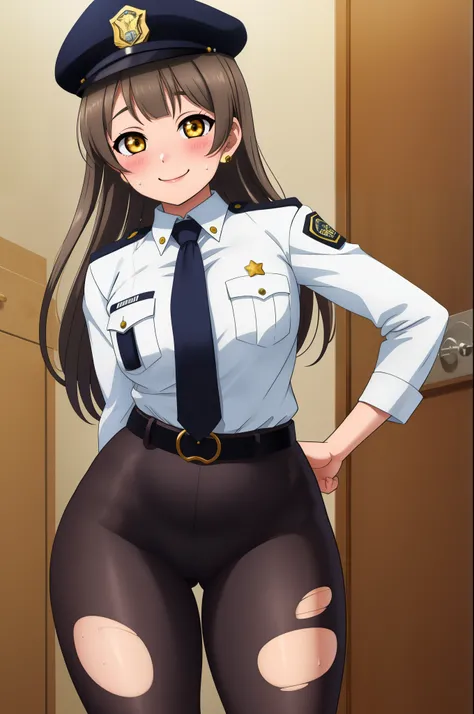 Masterpiece, best quality, (contrapposto:1.2),(detailed face), minami kotori, curvy body ,white shirt,half sleeves,earrings, pants, necktie , standing, arms back, slightly bent over,,police cap,in her boyfriend room,cowboy shot, thighs, wide hips , solo , ...