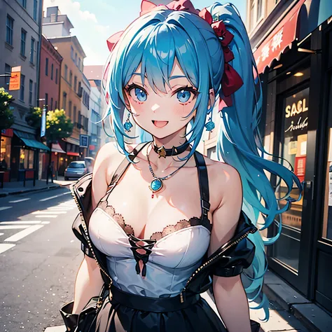 Anime Moe Art Style,highest quality,High resolution,Anatomically correct,One Girl,Mid-teens,A girl with light blue hair in a ponytail,Super detailed,Cityscape in a fantasy world,off shoulder tops,mini skirt,Big Breasts,A rich expression,Bright smile,Laughi...