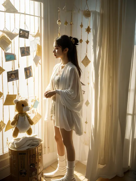 A teenage girl of Middle-Eastern descent in casual attire, specifically a pair of short socks, is standing in her room surrounded by posters of her favorite bands and a sprinkling of stuffed animals. The light is coming from a window on one side, casting a...