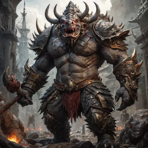 Two headed rhino monstrous behemoth beast warrior,duo great axe,spiked scalemail,gargantuan d&d sized monstrosity,strong,towering,huge,ferocious,terrifying,beasts,mythical,strong arms,bulging muscles,fierce expression,glowing red eyes,Fantasy,creature,batt...