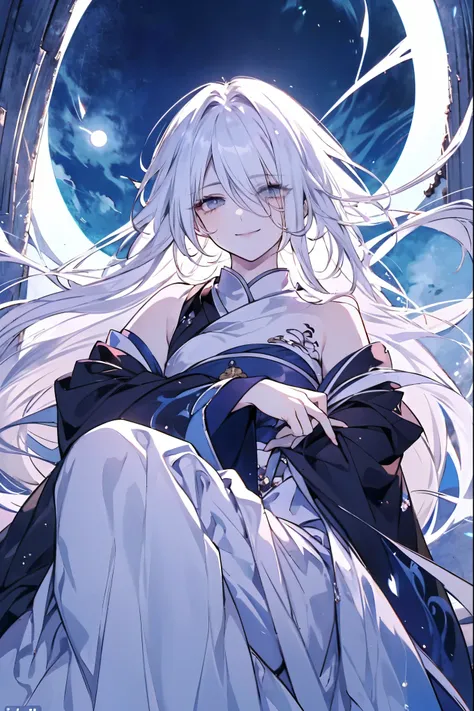 (masterpiece),(Highest quality),(Best details),(High Definition),(Beautiful works),(Full body picture),Chinese fantasy style,1girl,((white hair)),Black eyes,((White clothes)),(((Villain image))),(((Eyes sparkling in the moonlight))),(Sinister smile)
