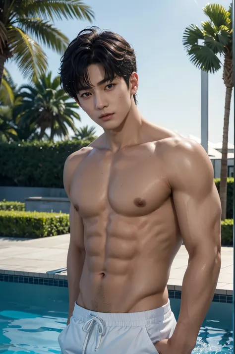 Jung Jungkook、Kim Taehyung、((Beautiful face、Clear Face))、Muscular、Abdominal muscles、Broad shoulderuscularな脚、Shorts、No top clothes on、Muscularな腕、Outdoor Pool、water droplets、Vivid lighting、In the spotlight