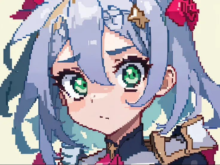 masterpiece, high quality, hcnone, pixel art, 1girl, noelle genshin impact, silver hair, green eyes, simple gold color backgroun...