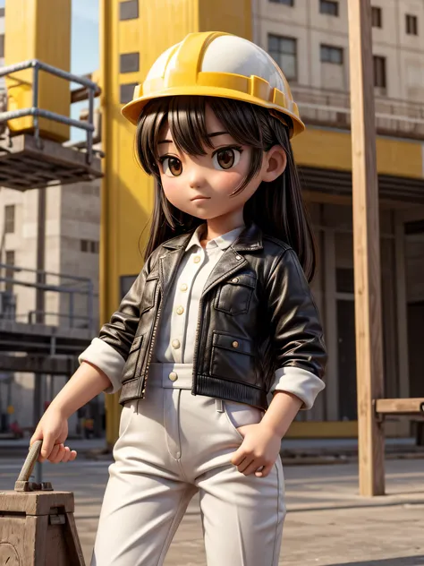 Ultra Realistic, masterpiece, high definition, highly detailed, 8K, a cute asian girl , 10 year old, highly detailed face, highly detailed body, wearing white shirt, black pants, black jacket, yellow hardhats, resembling a civil engineering, looking at the...