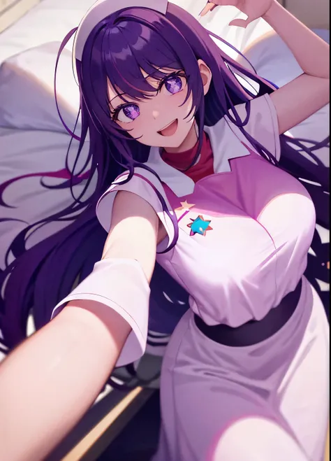 one-girl，nurses（（There is a five-pointed star in the eye））Gorgeous Hair in Long Purple，Smile，Open mouth ，nurses，hospitals，White nurse clothes，White nurse hat，looki at viewer，Blood