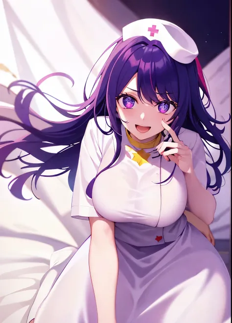 one-girl，nurses（（There is a five-pointed star in the eye））Gorgeous Hair in Long Purple，Smile，Open mouth ，nurses，hospitals，White nurse clothes，White nurse hat，looki at viewer，Blood