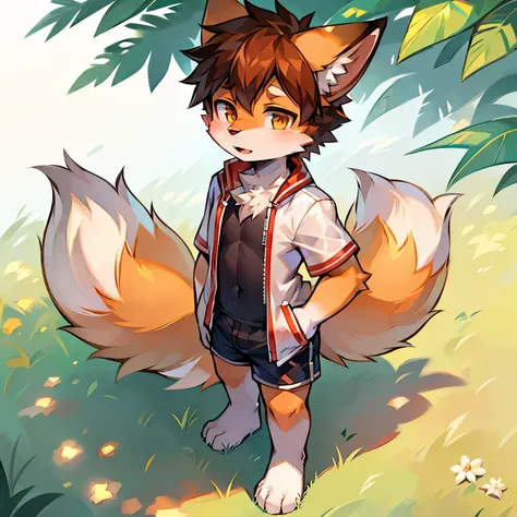 Fox Boy，furry men，Male focus，Furry Shota，Characteristics of three-year-old boy，Bright Eyes，One meter three height，White Arm，Summer jacket with short sleeves，shorts，Standing，Grass bright background