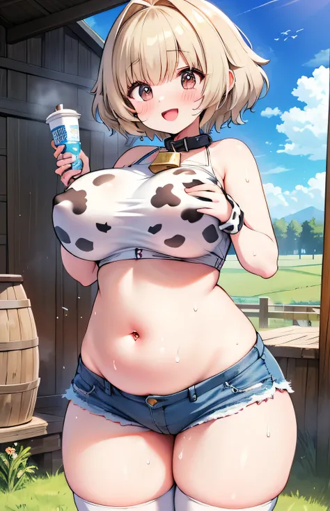 Anime illustration、highest quality、Short high school girl、Cowbell collar、Belly button piercing、Holstein daughter、Cow print tube top、Cow print knee socks、Perfect proportions、vast ranch、Pasture、Cowshed、Clear skies、overwhelmingly big breasts、Beautiful, shinin...