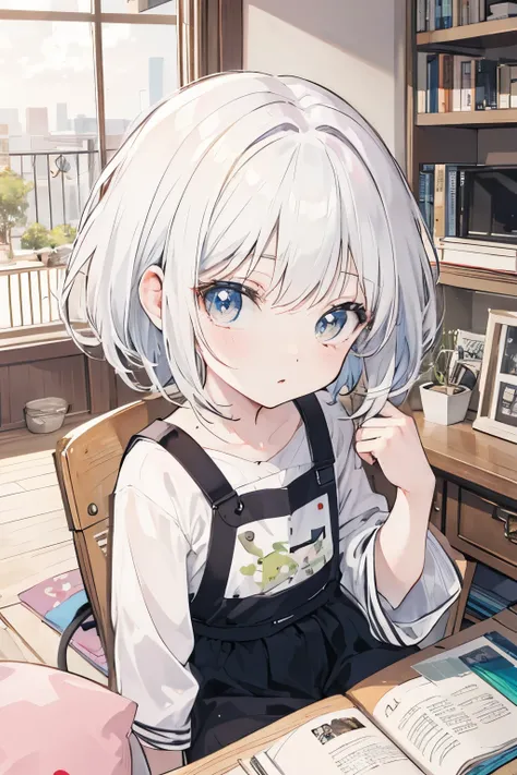 ((best quality)), ((masterpiece)), (detailed), perfect face, anime girl, short white hair, baggy clothes, chibi