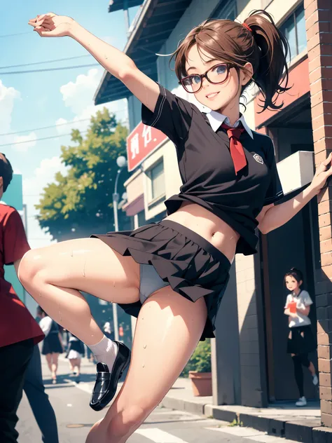 (super flat, flat shading), Honors Type, Really blushing, 17 years old, cute girl, wearing short sleeves white school uniform:1.5, mini skirt fluttering in the wind, Loafer, ponytail brown hair, Glasses, sweaty healthy body, sweaty soaking wet full body, s...