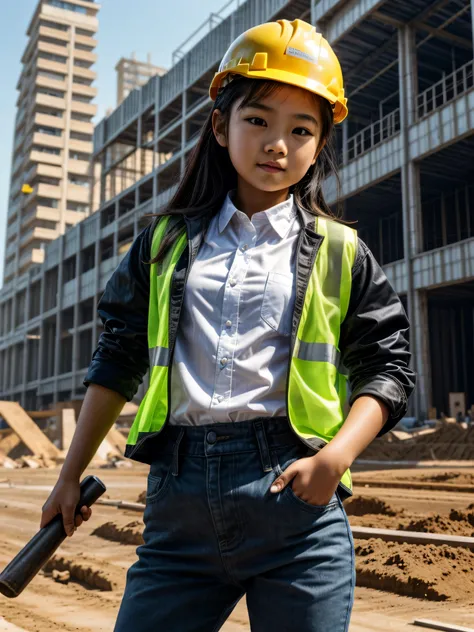 Ultra Realistic, masterpiece, high definition, highly detailed, 8K, a cute asian girl , a 10 year old girl, highly detailed face, highly detailed body, wearing white shirt, black pants, black jacket, yellow hardhats, resembling a civil engineering, looking...