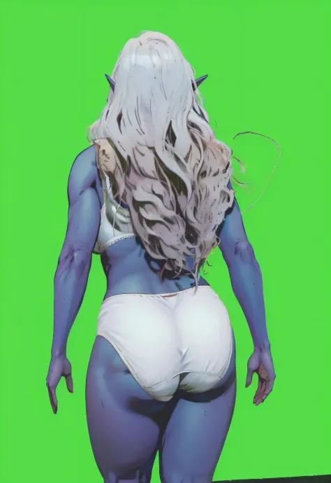 ((masterpiece, best quality)), ((((perfect anatomy)))), ((35 year old)), (((Curvy))), ((Dark Elven woman with long white hair)), in ((white cotton panties)), ((white bra)), (((Large buttocks))), standing in front of a green screen, (((comic book art style)...