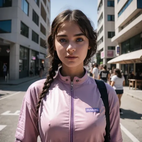 photo of a college student, in Purple Pink, futuristic space suit, (freckles:0.8) cute face, sci-fi, dystopian, detailed eyes, Heterochromia eyes（（Side view））