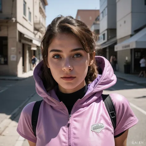 photo of a college student, in purple pink, futuristic space suit, (freckles:0.8) cute face, sci-fi, dystopian, detailed eyes, h...