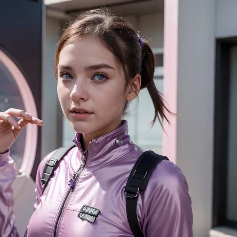 photo of a college student, in Purple Pink, futuristic space suit, (freckles:0.8) cute face, sci-fi, dystopian, detailed eyes, Heterochromia eyes（（Side view））