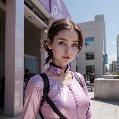 photo of a college student, in purple pink, futuristic space suit, (freckles:0.8) cute face, sci-fi, dystopian, detailed eyes, h...