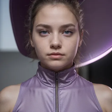 photo of a college student, in Purple Pink, futuristic space suit, (freckles:0.8) cute face, sci-fi, dystopian, detailed eyes, Heterochromia eyes（（Side view））