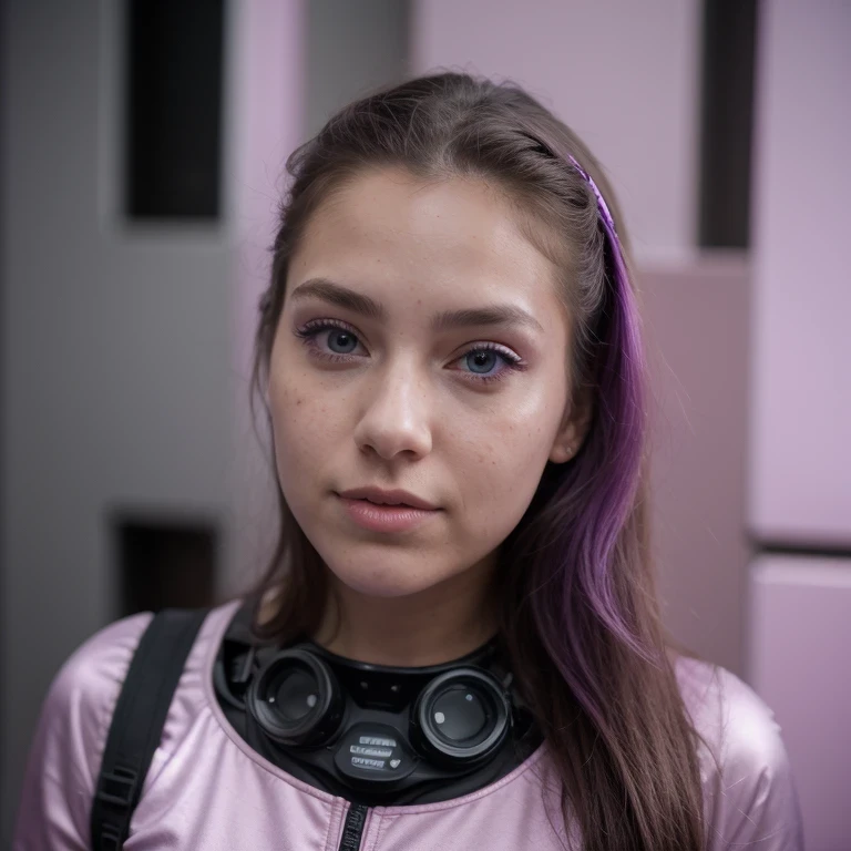 photo of a college student, in Purple Pink, futuristic space suit, (freckles:0.8) cute face, sci-fi, dystopian, detailed eyes, Heterochromia eyes（（Side view））