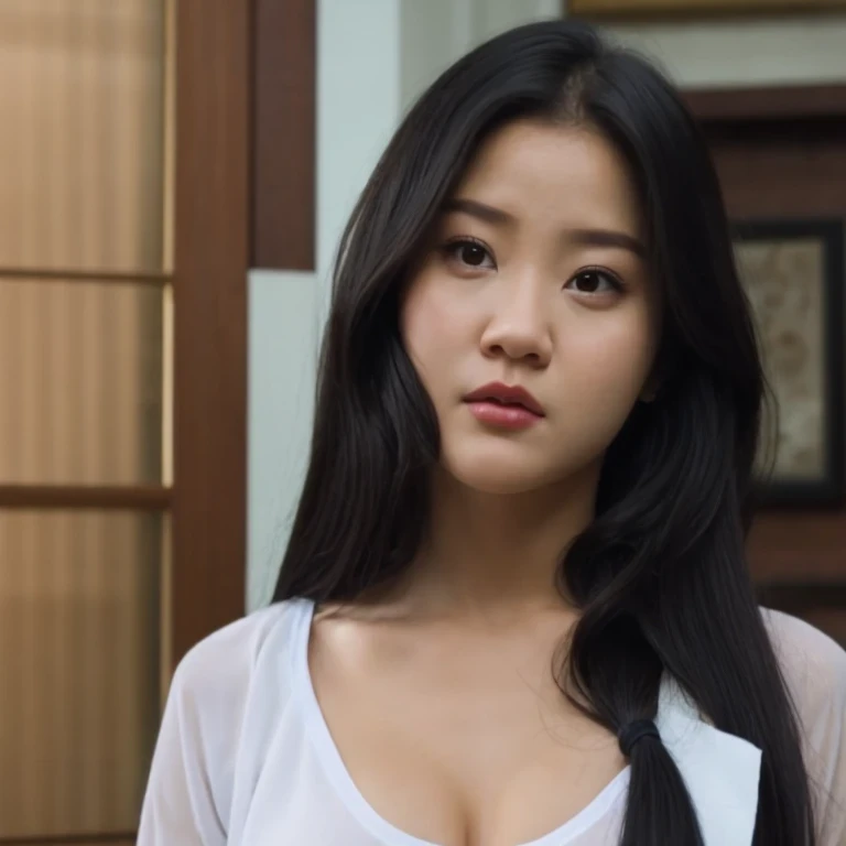 arafed woman with long black hair and a white shirt, she has a distant expression, iu lee ji-eun as a super villain, but a stern look about her, she has a cute expressive face, young wan angel, girl next door innocent look, high drama, sideways glance, kwa...