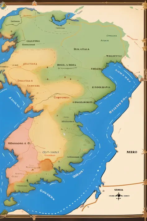 fictional continent map, somente com grama, mar e montanhas, sem edificios, estilo medieval, 