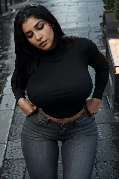 Arabic Woman, beautiful, sexy girl, ultra realistic, young woman, very large bust, large ass, big bouncy ass, busty, very sexy, Alluring, Tempting, Moody street setting, high camera angle, Dramatic portrait style, skinny curvy, very big bust, huge breasts,...