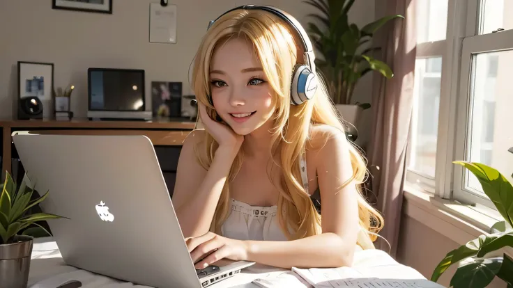 A beautiful girl working on her computer in her room listening to music on headphones, smiling a little, blonde hair color, cute loungewear, warm lighting, lush plants blooming outside her room.