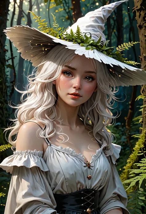 ((white fluffy witch moth curls )) sparks and fireflies, (long messy white hair), ((walking along a forest path among ferns)), d...